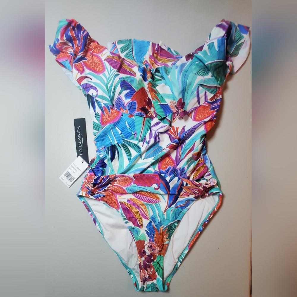 La Blanca Off Shoulder Ruffle One Piece Swimsuit - Picture 3 of 5